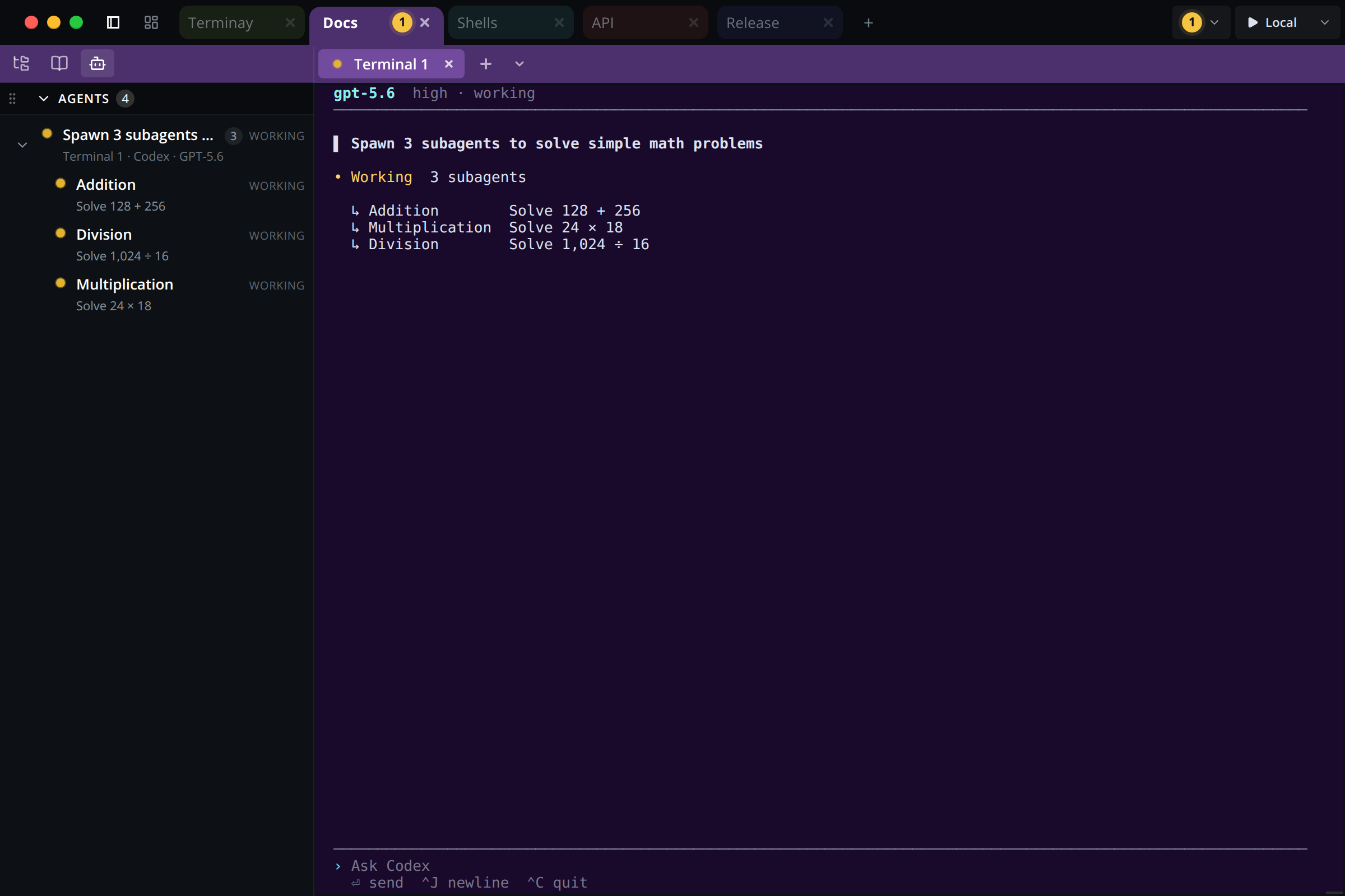 Terminay Agents sidebar showing a Codex task with three expanded math subagents