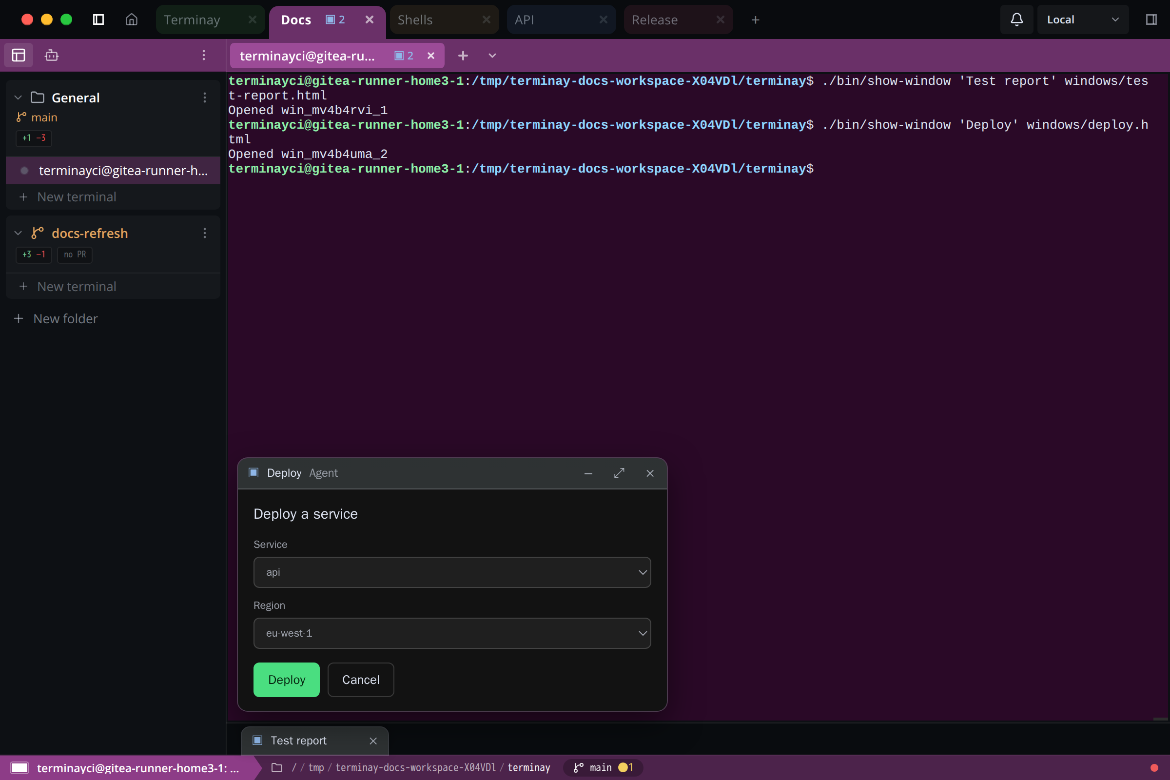 Terminay terminal with an app window titled Deploy showing a service and region form with Deploy and Cancel buttons, and a minimised Test report tab in the rail below