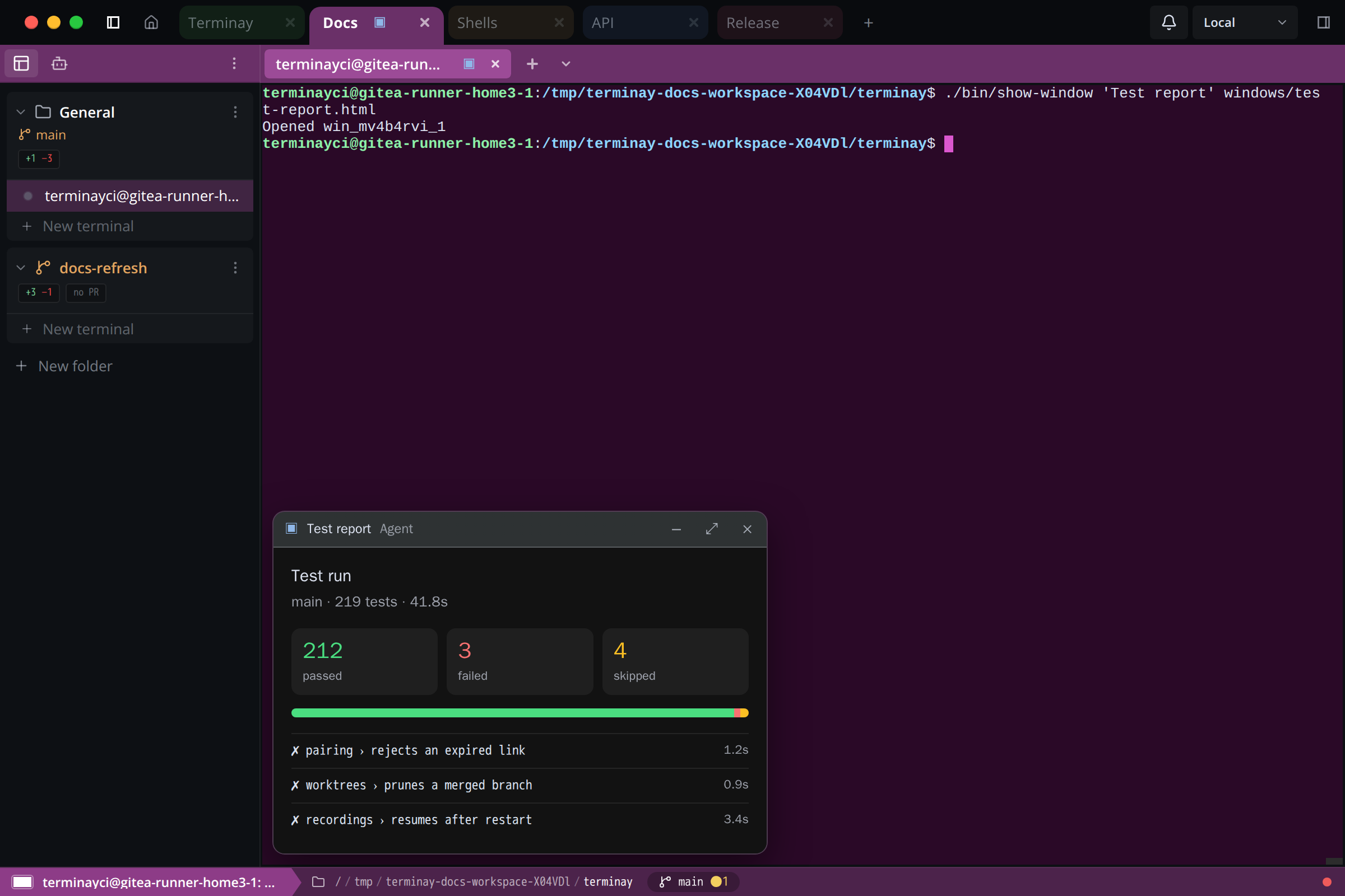 Terminay terminal with an app window showing a test report at the bottom left of the pane