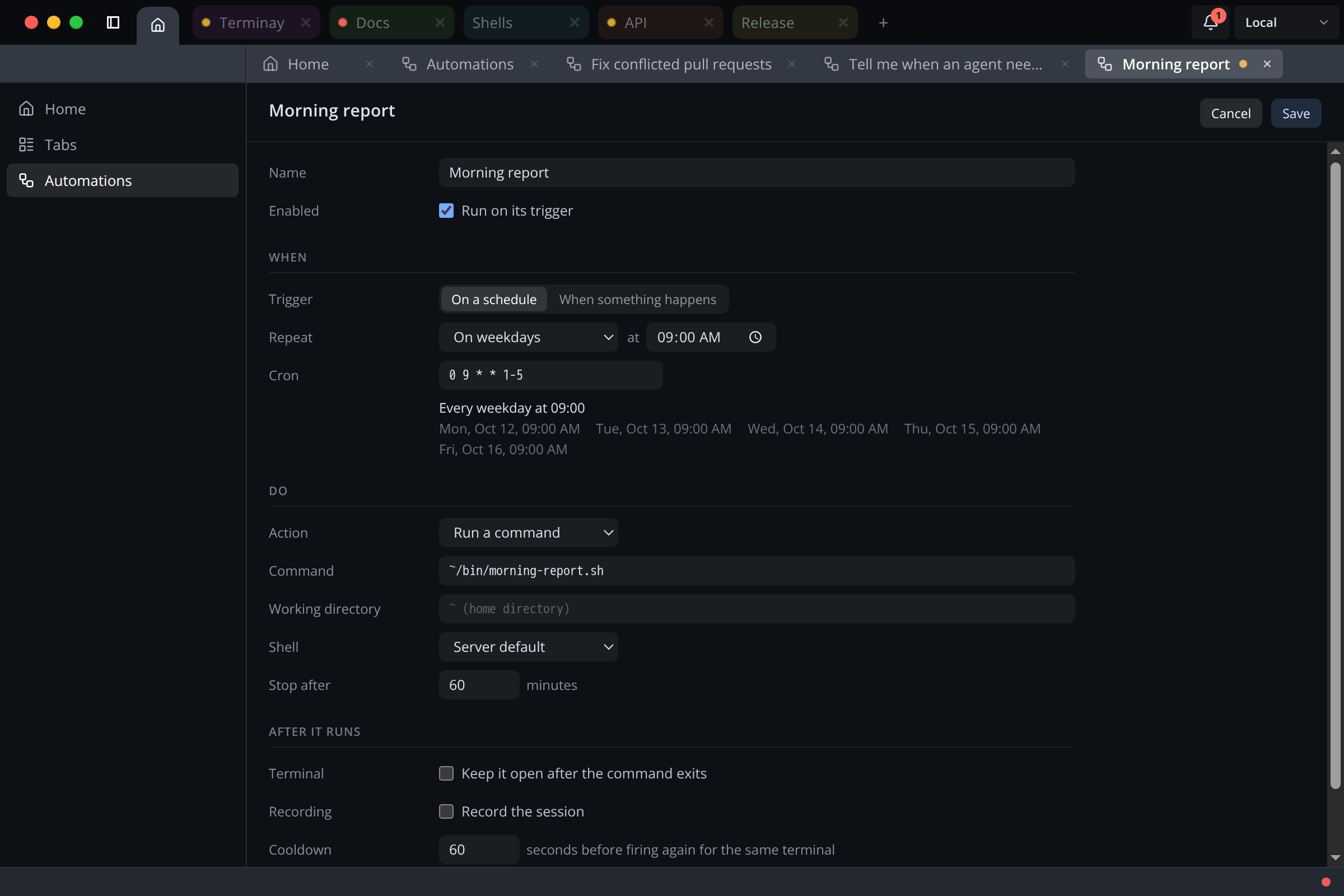 Terminay automation editor with a weekday schedule, cron expression, next run preview, and command fields