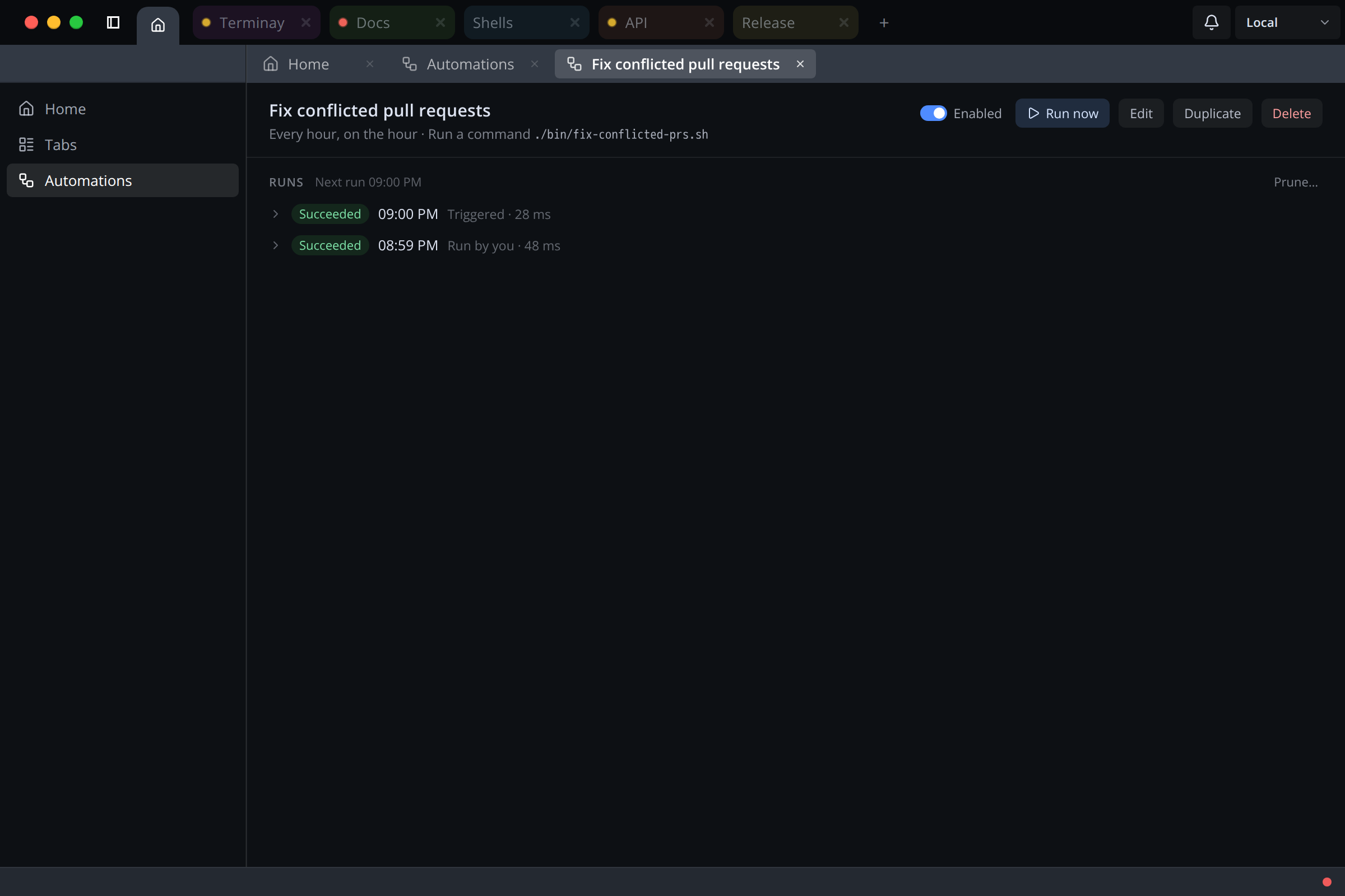 Terminay automation detail showing Run now, Edit, Duplicate, and Delete controls above the run history