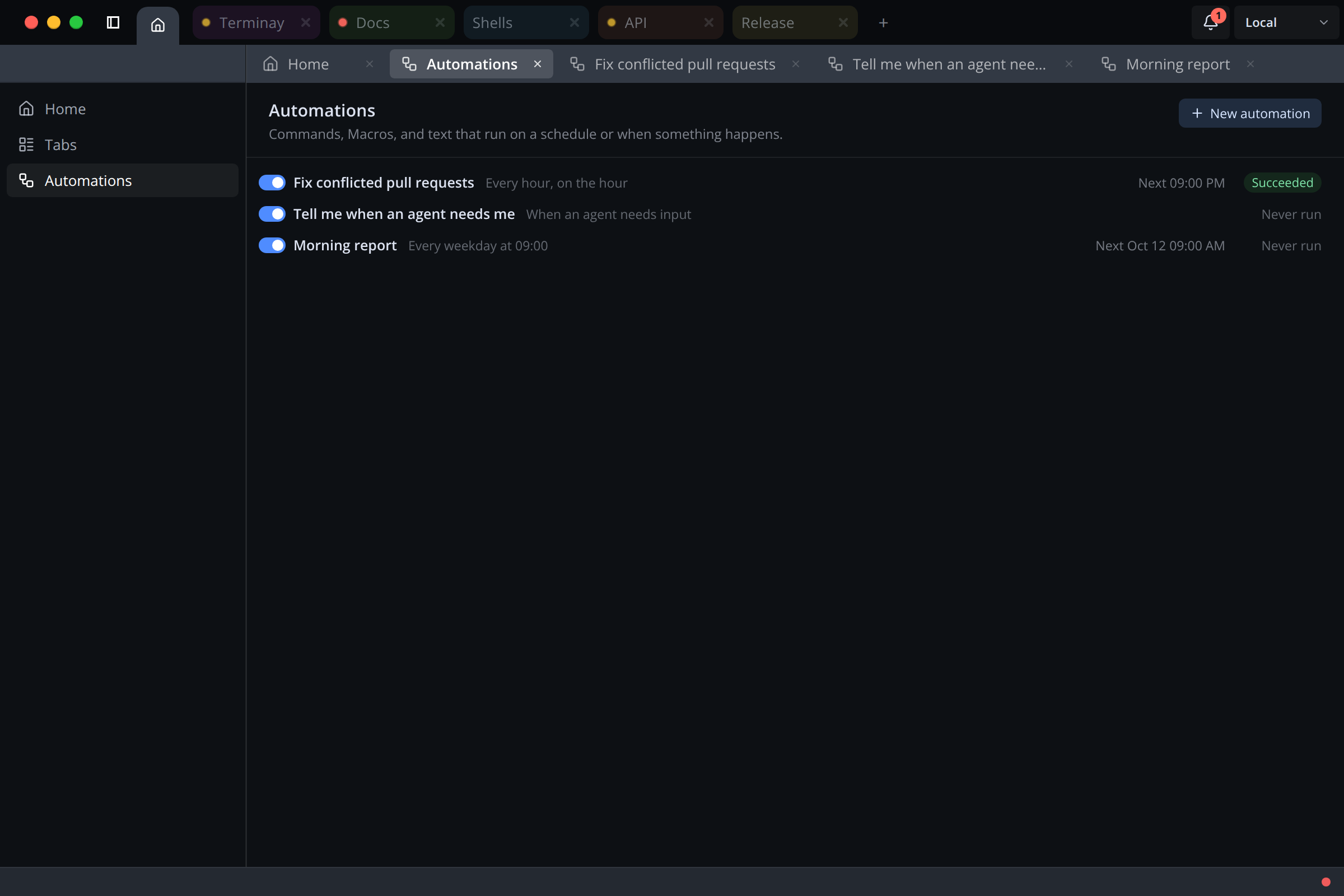 Terminay Automations section listing scheduled and event-triggered automations