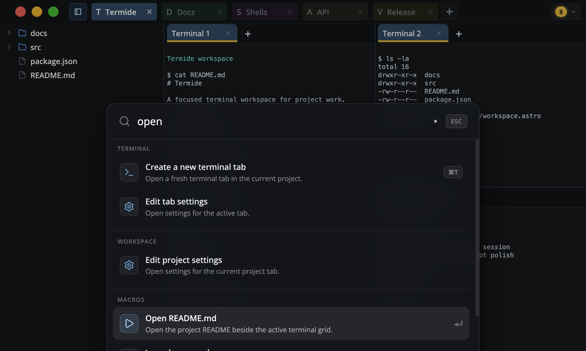 Terminay Command bar searching project commands and macros