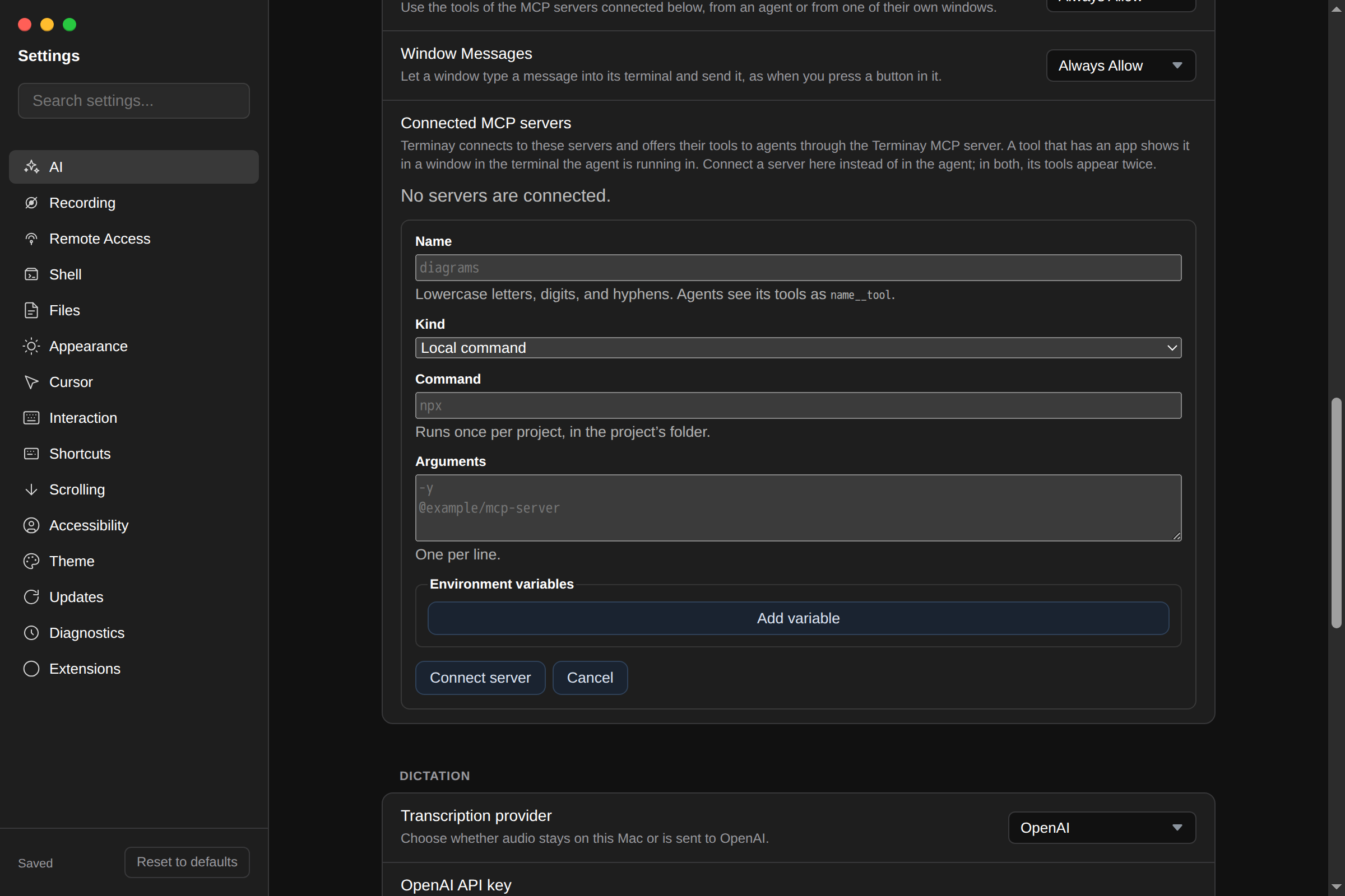 Terminay AI settings showing the Connected MCP servers list with the form for adding a server