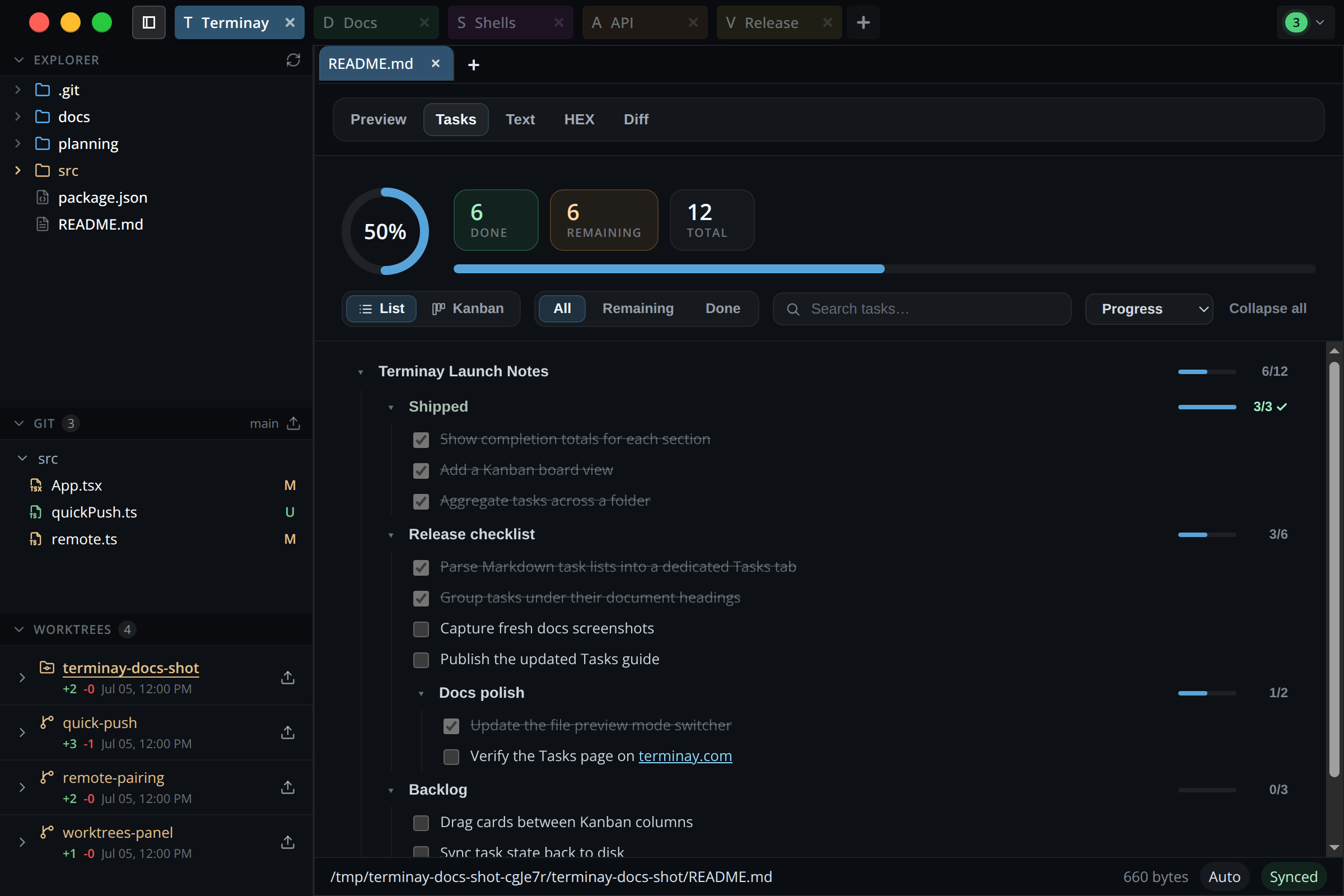 Terminay Tasks tab for a Markdown file showing the completion ring, done/remaining/total tiles, and checklist grouped under headings