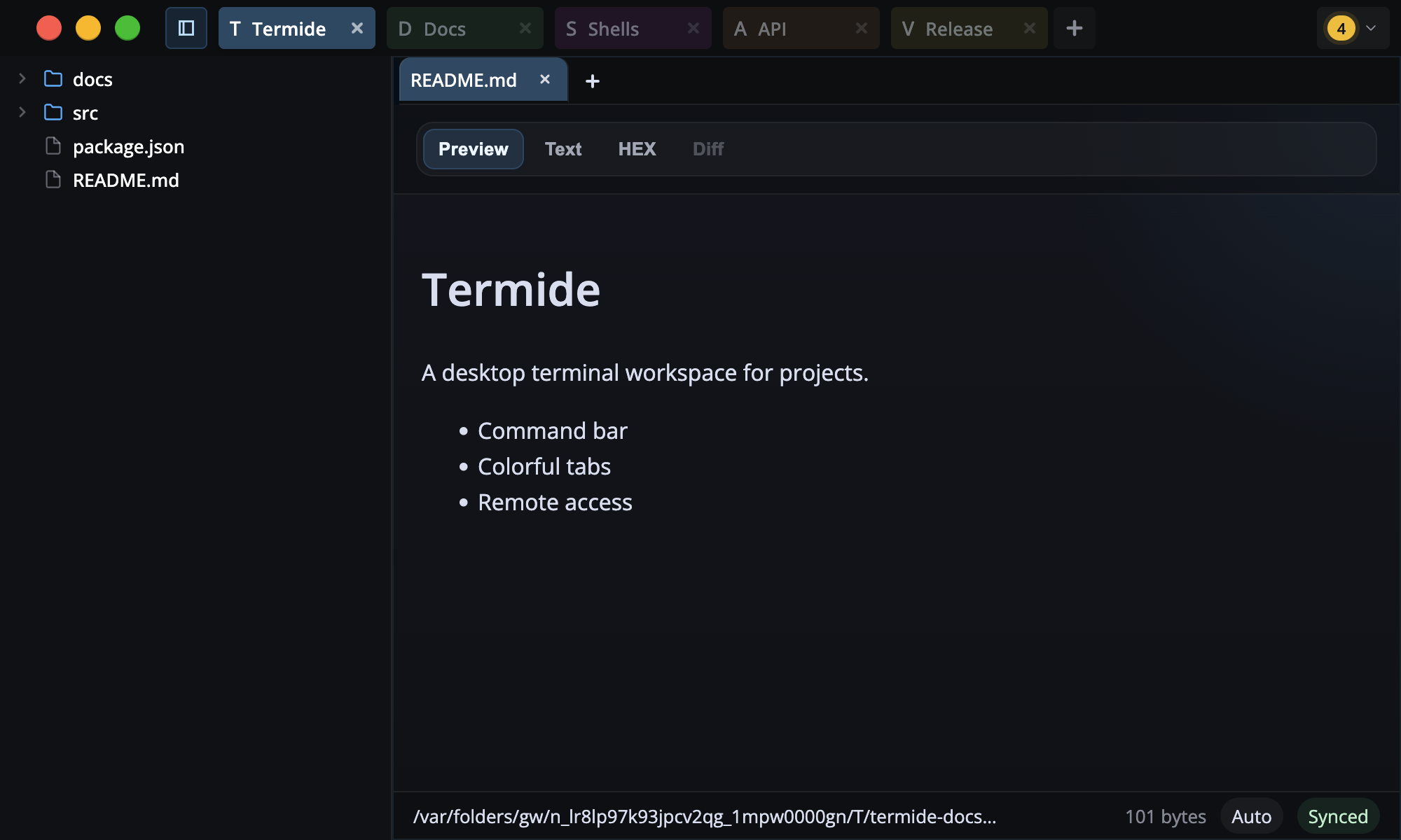 Terminay file explorer and README preview beside terminal panes