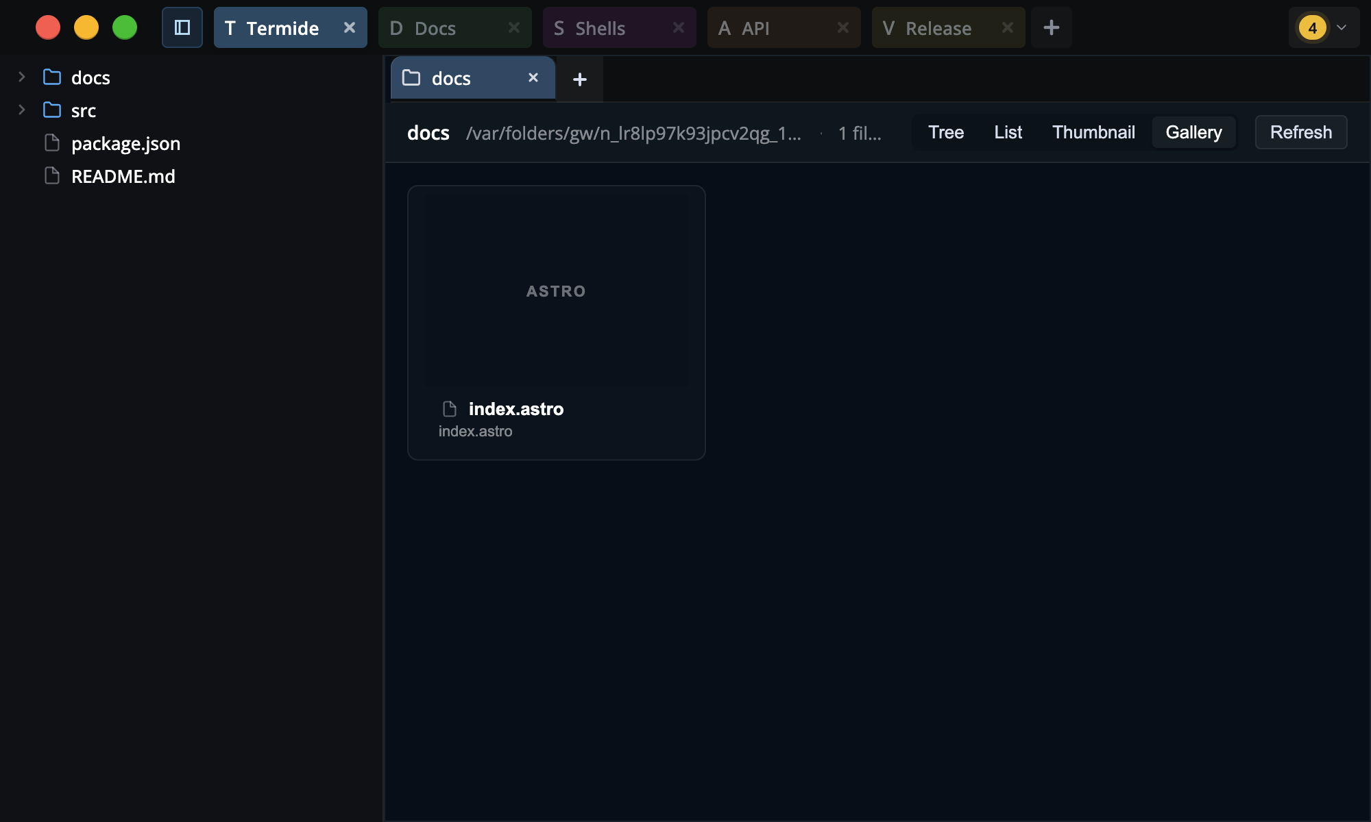 Terminay folder viewer showing gallery mode for a project folder