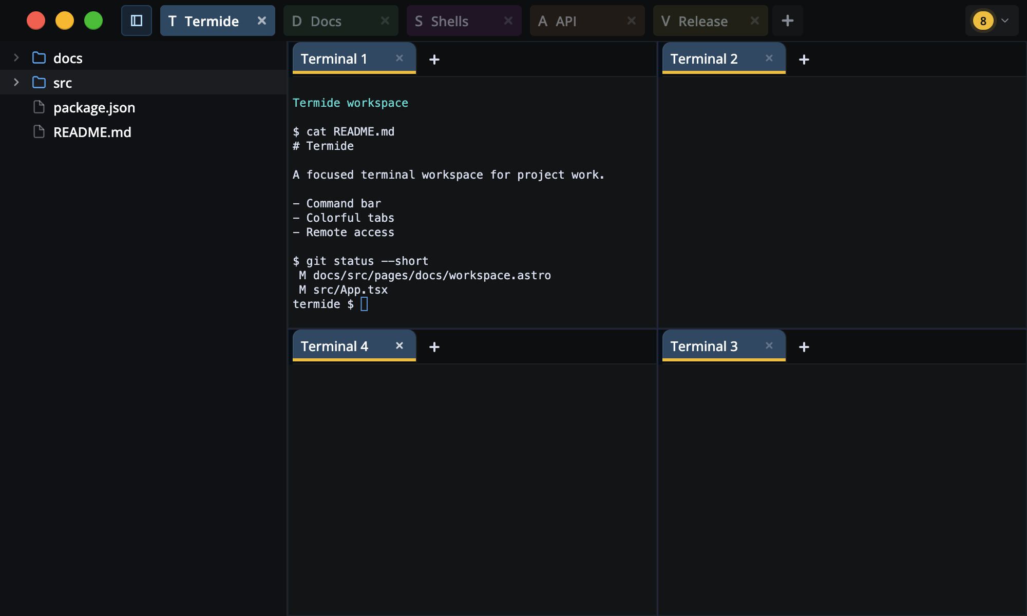 Terminay showing five project tabs and a two by two terminal workspace