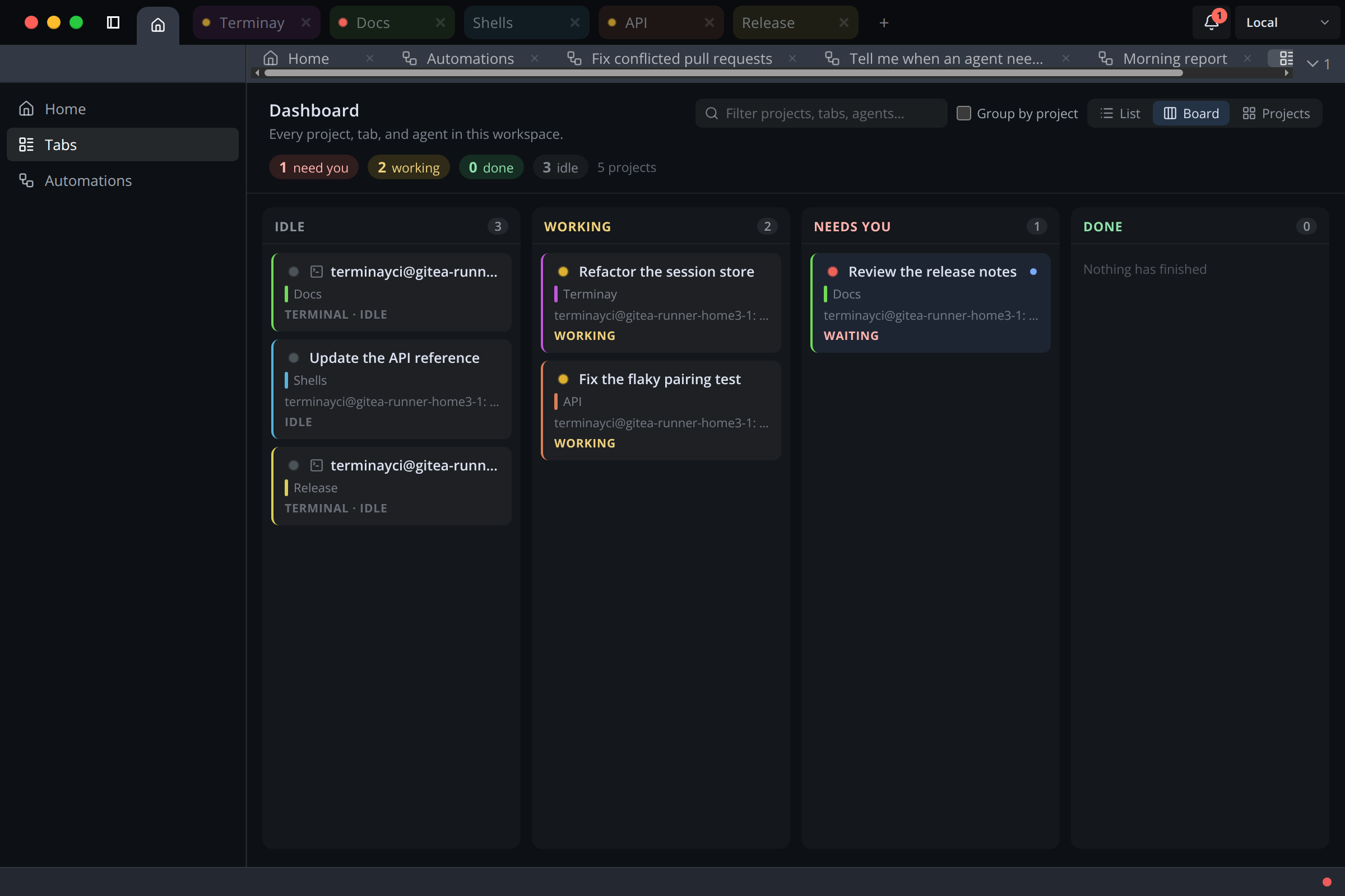 Terminay Home board sorting every terminal and agent into Idle, Working, Needs you, and Done columns