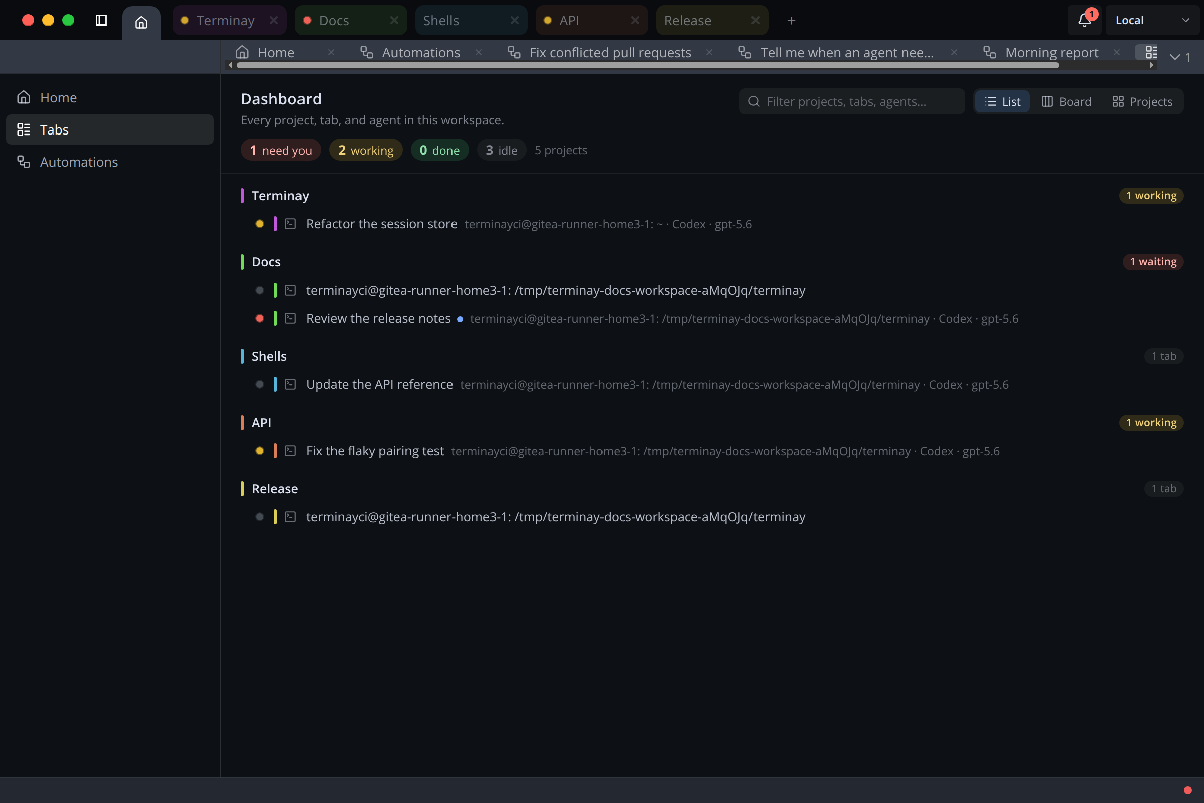 Terminay Home Tabs section listing every project with its terminals and files in List view