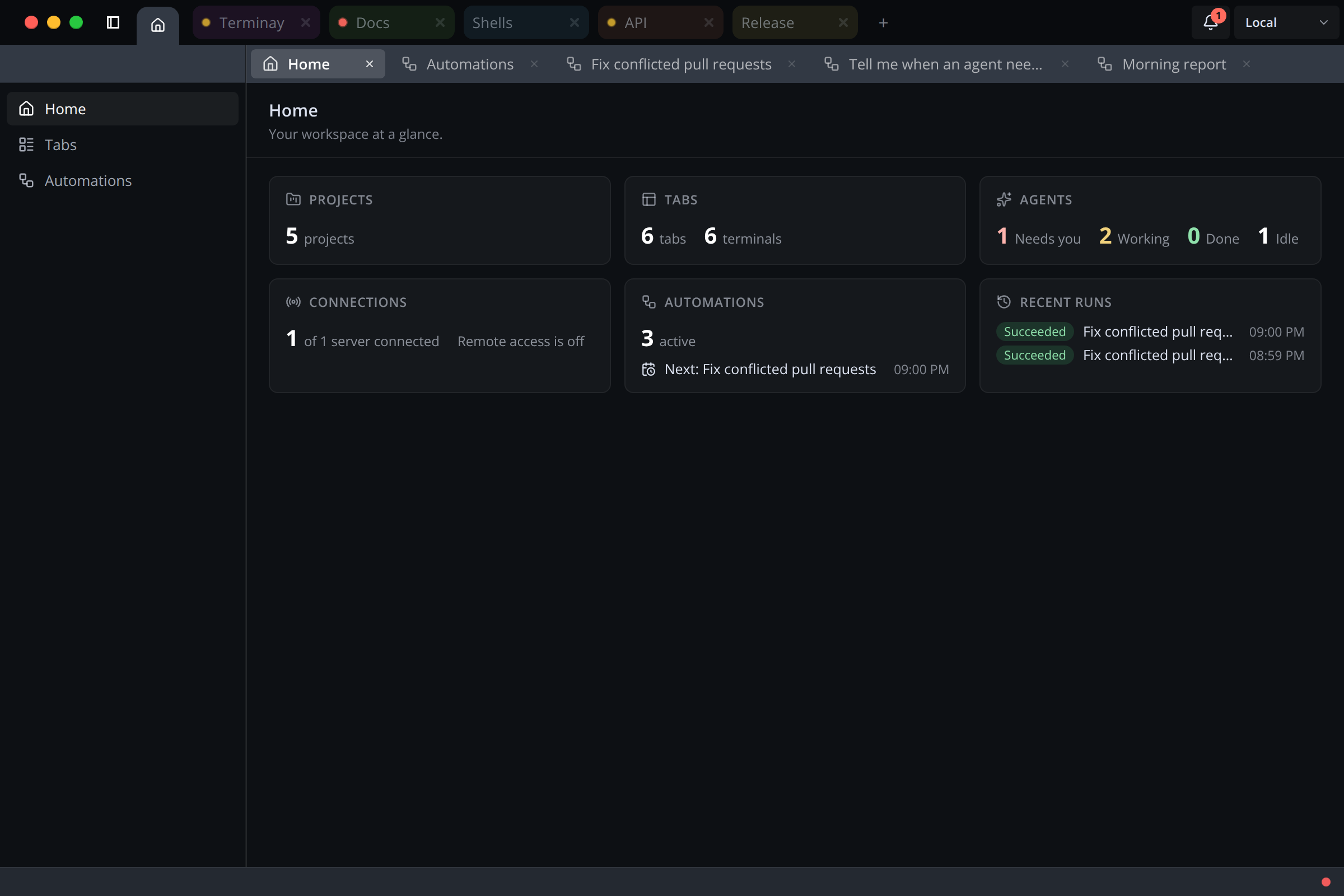 Terminay Home overview showing project, tab, agent, connection, and automation widgets