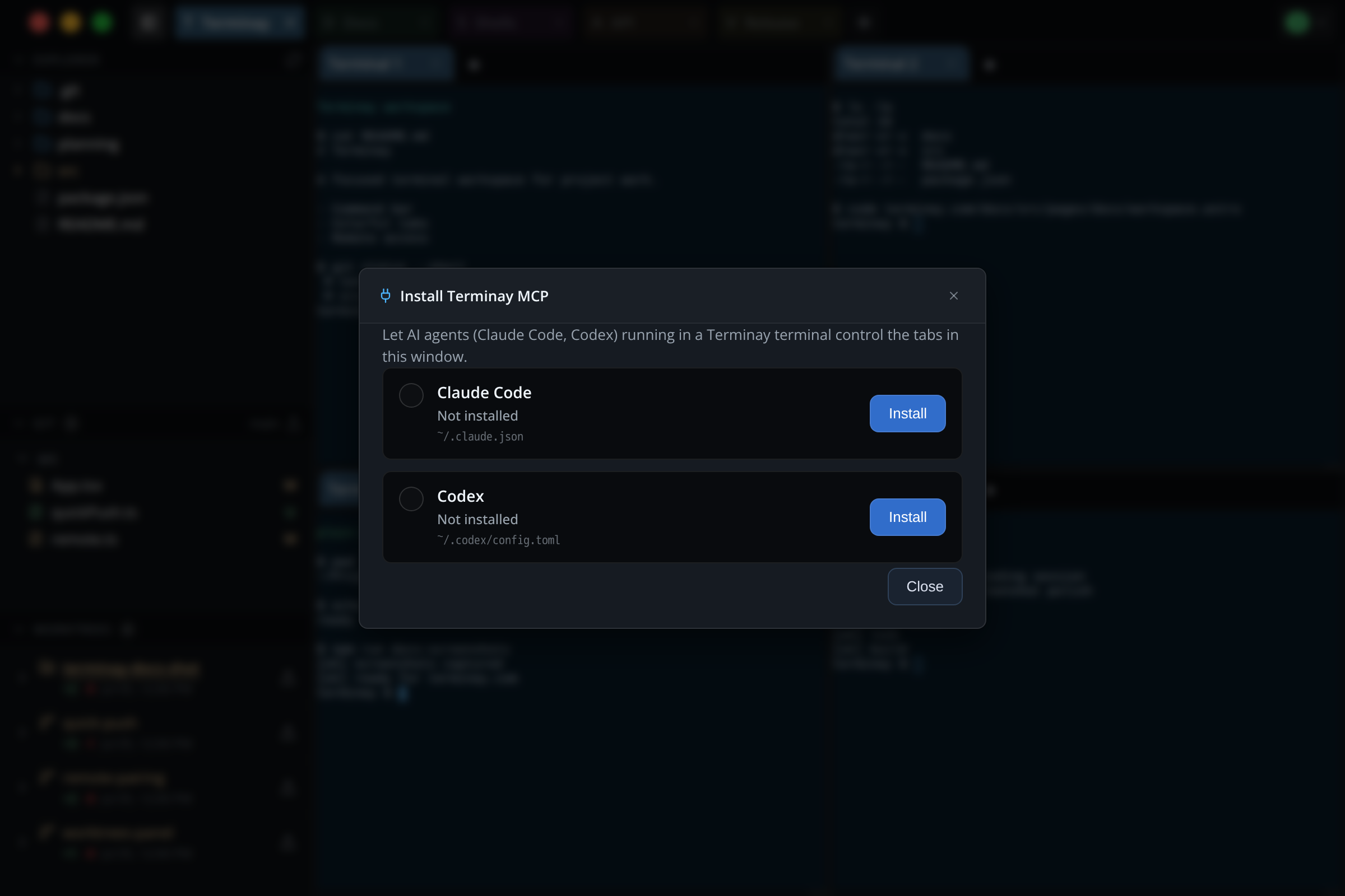 Terminay Install MCP modal showing Claude Code and Codex install controls