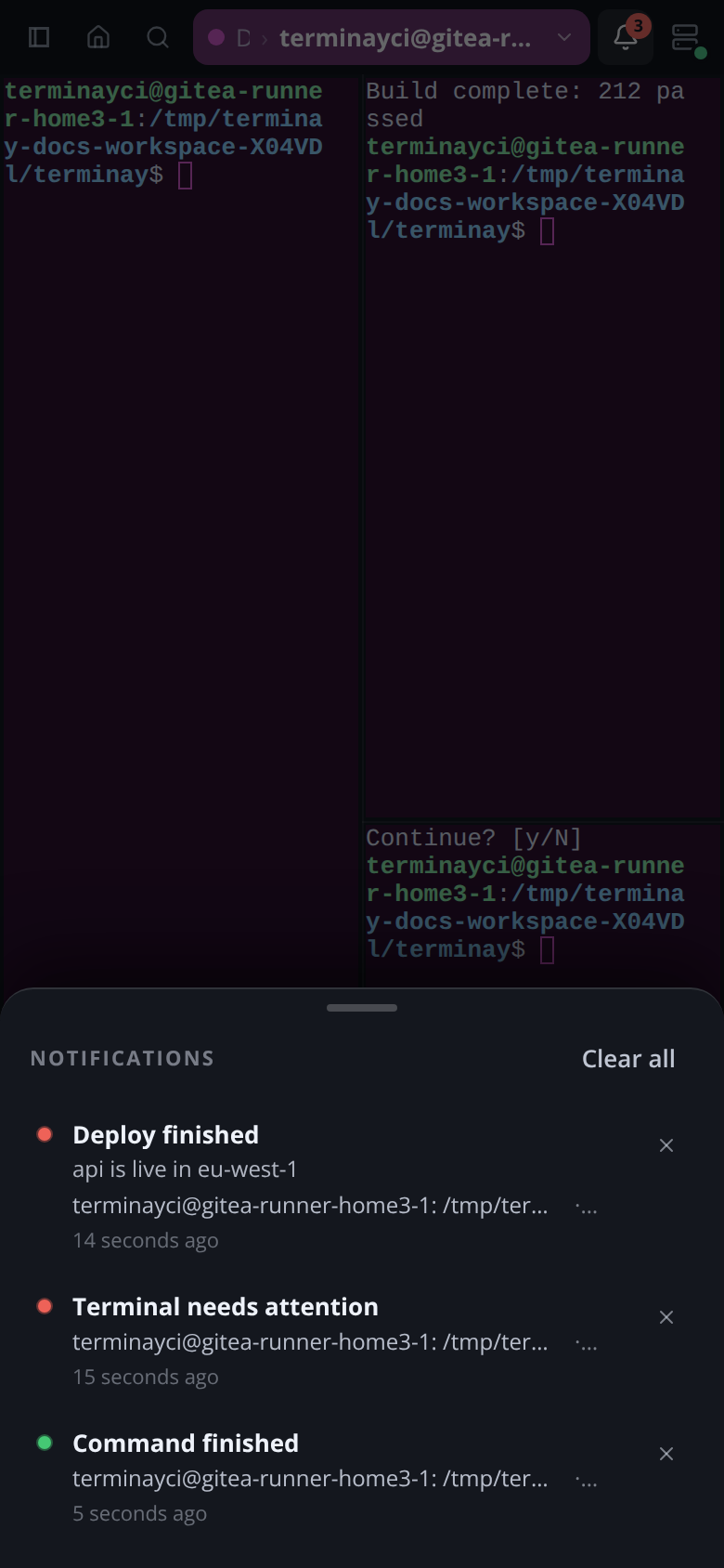 Terminay on a phone with the Notifications sheet open from the bell, listing notifications from several projects, each with its terminal, project, age and a dismiss button, under a Clear all button