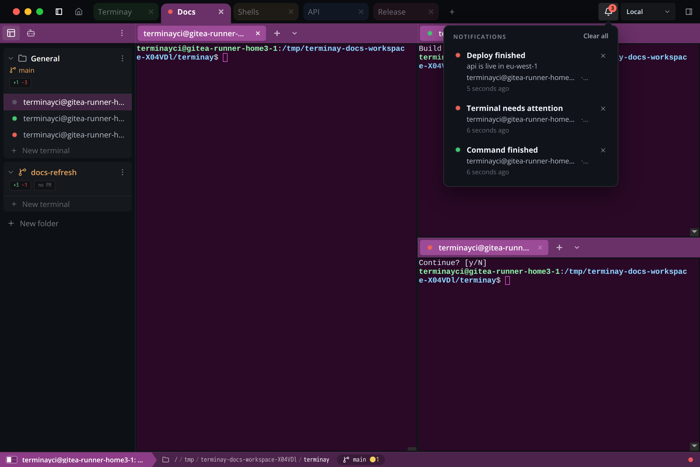 Terminay workspace with three terminals and the Notifications list open, showing a notification a script sent, a terminal that needs attention, and a finished command, each naming its terminal and project