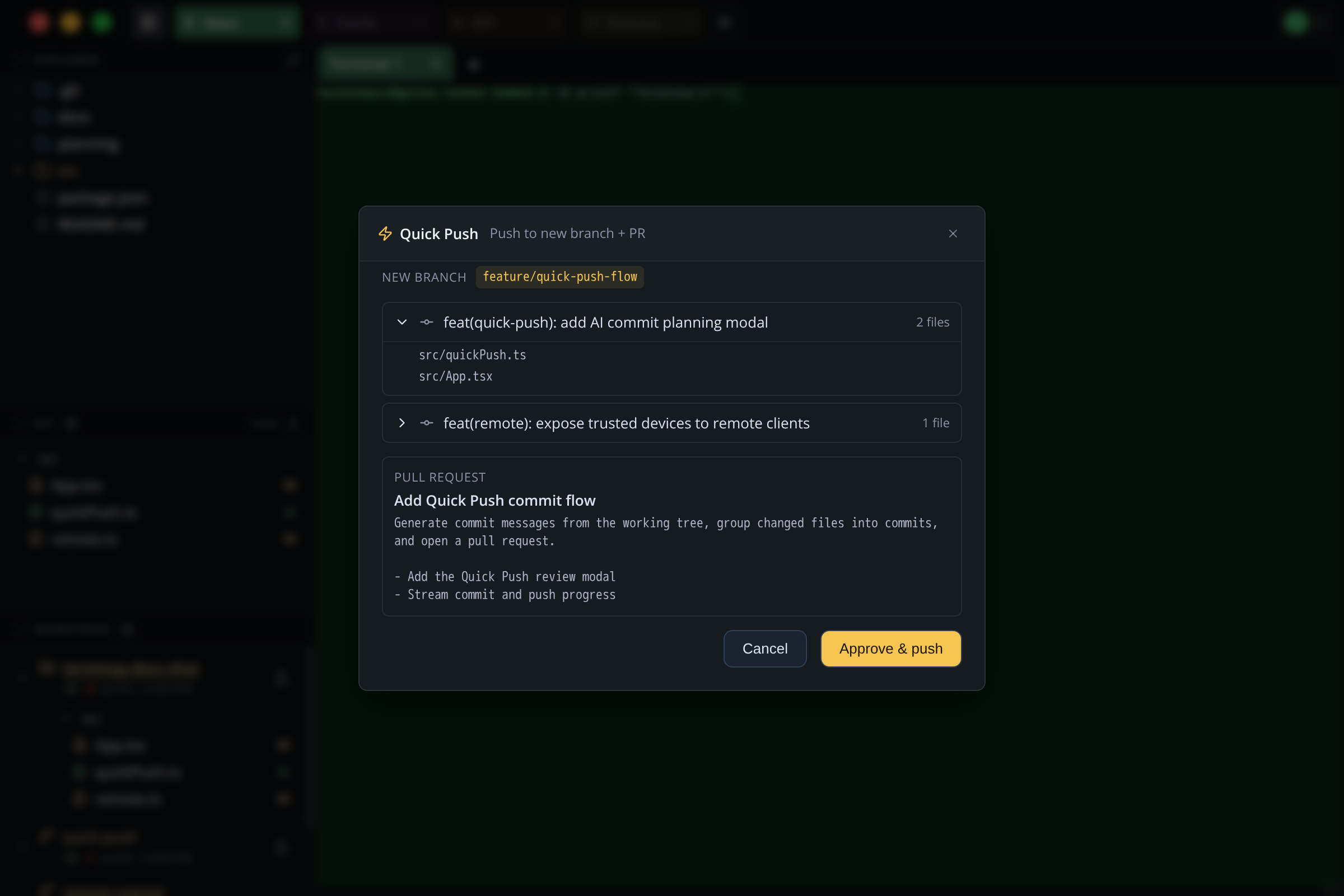 Terminay Quick Push modal showing proposed commits, a new branch, and a pull request