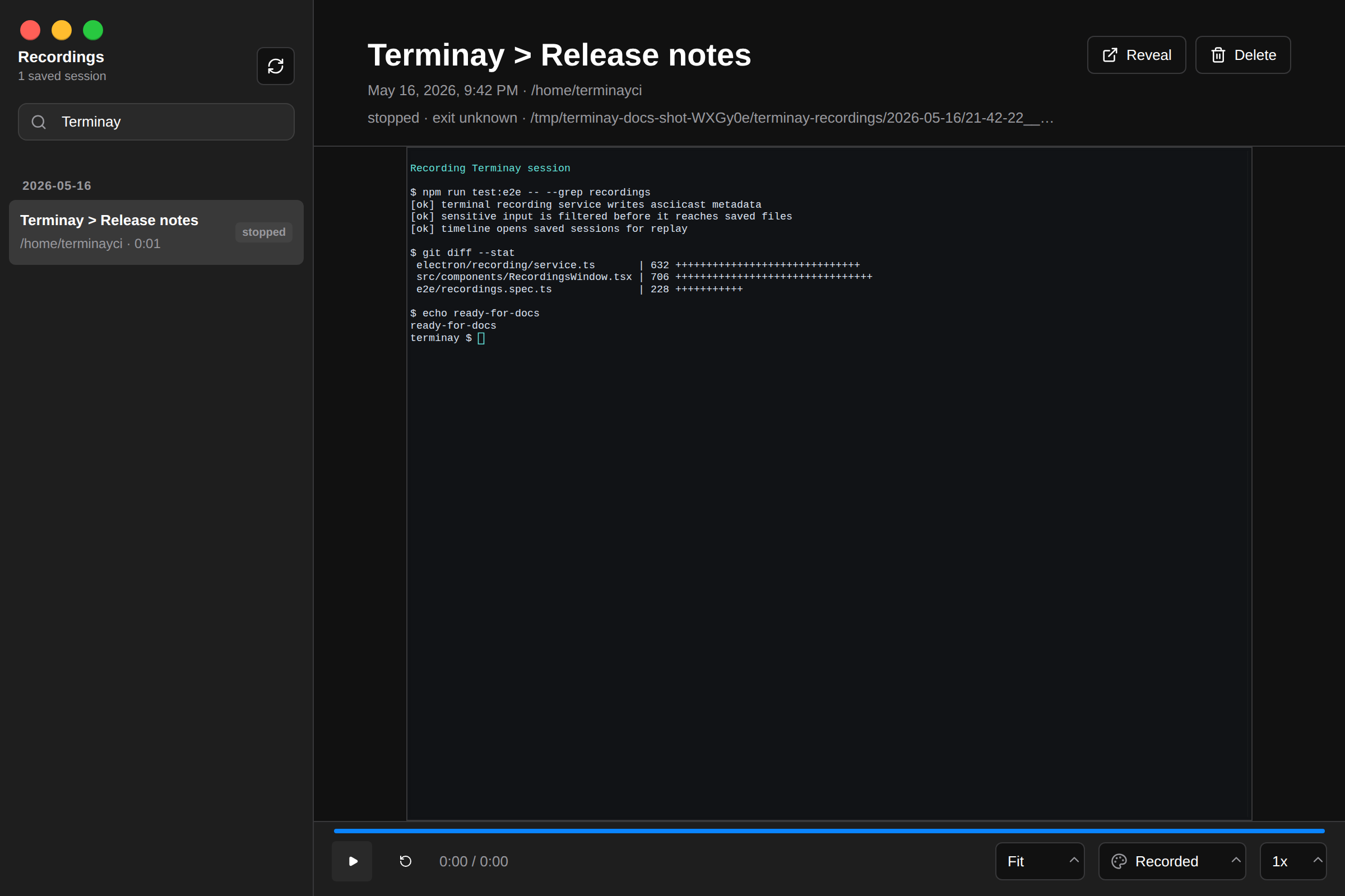 Terminay Recordings timeline showing saved terminal sessions and replay controls