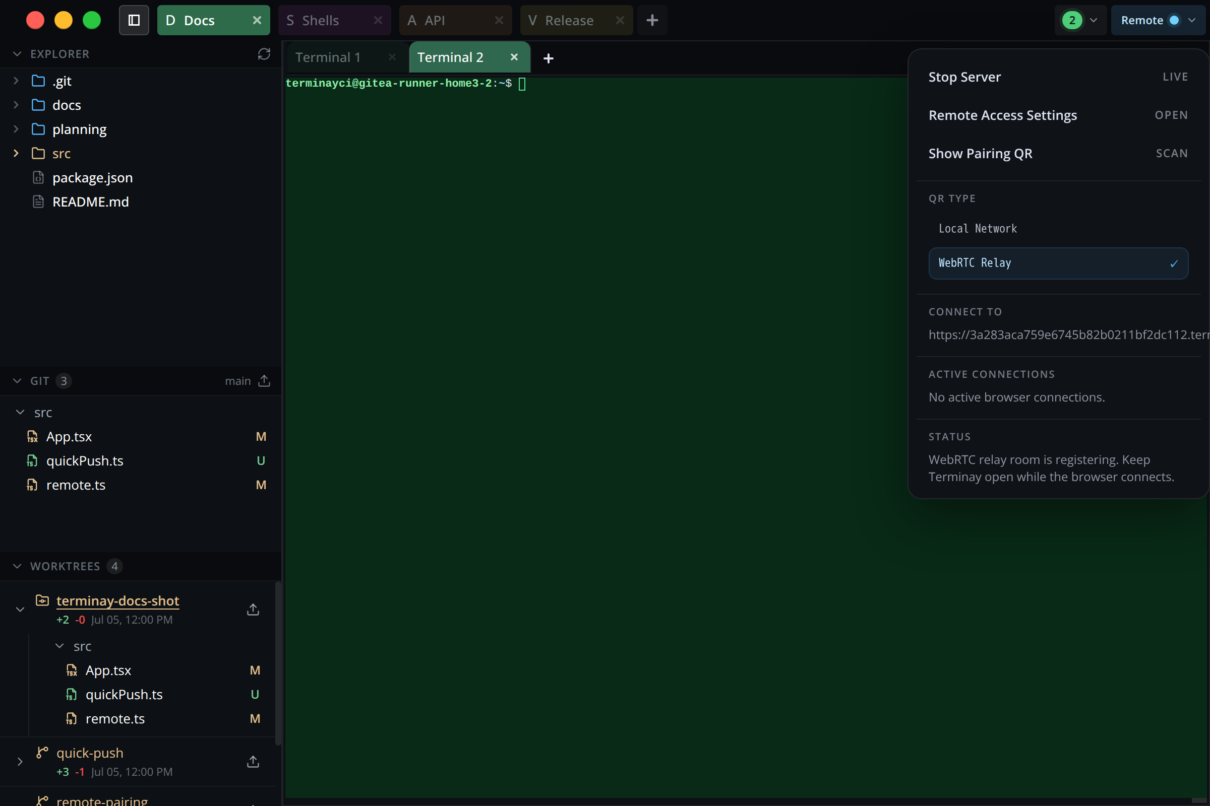 Terminay Remote menu showing server controls, QR type choices, addresses, and active connections