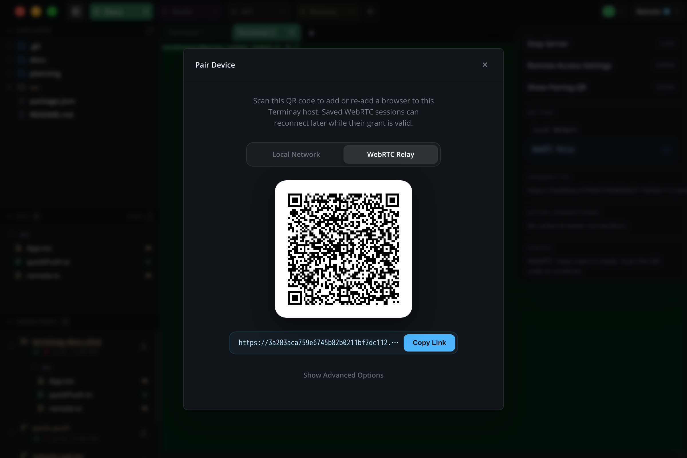 Terminay pairing dialog showing Local Network and WebRTC Relay QR choices