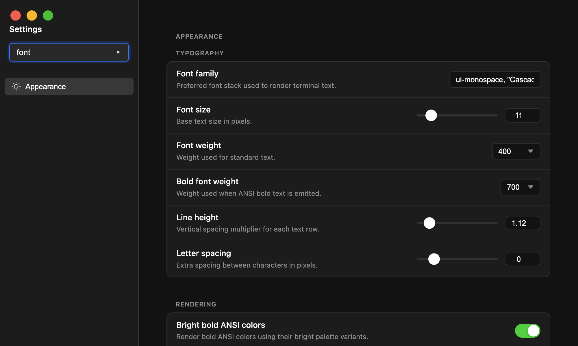 Terminay Settings window showing searchable terminal appearance controls