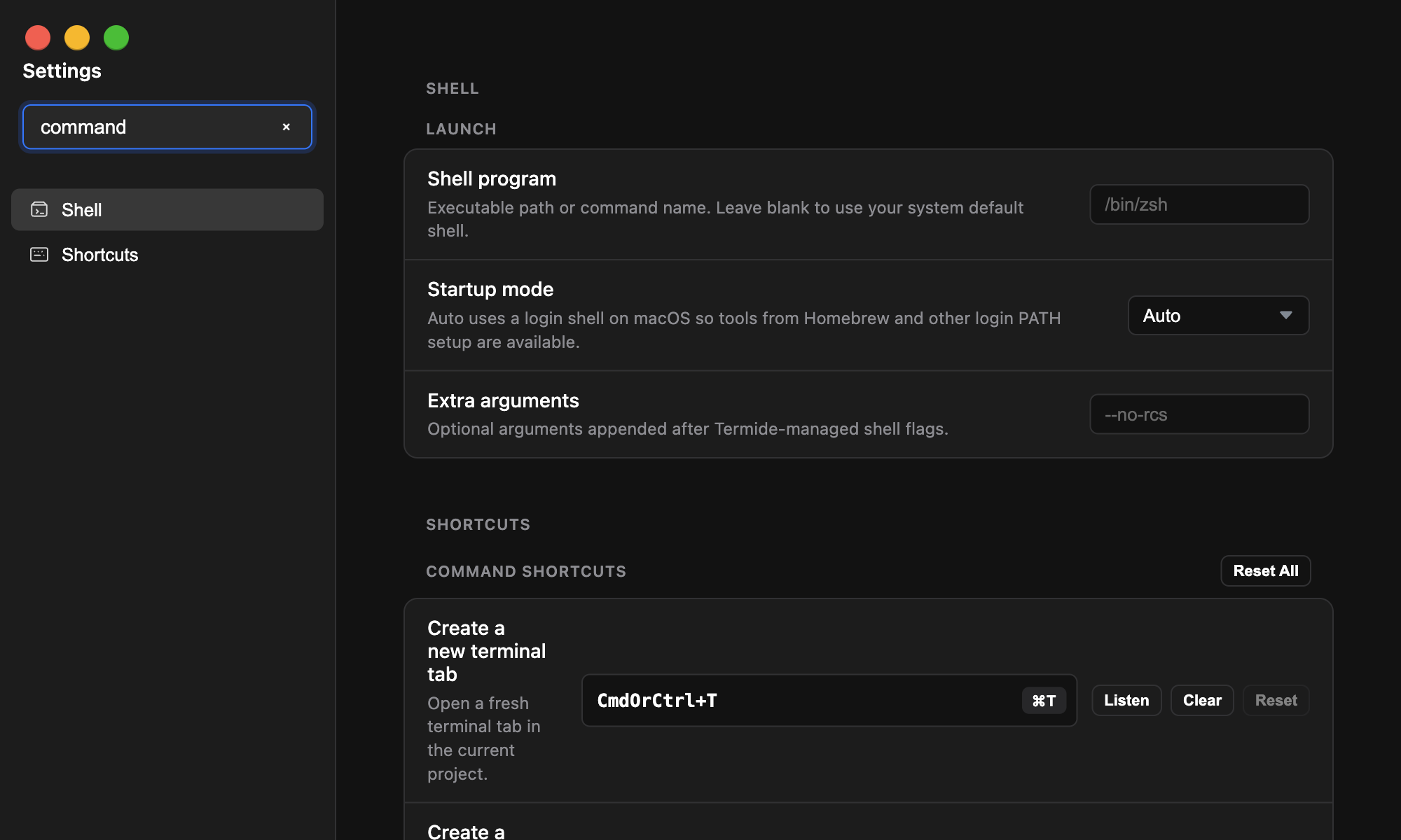 Terminay Settings window showing searchable keyboard shortcuts