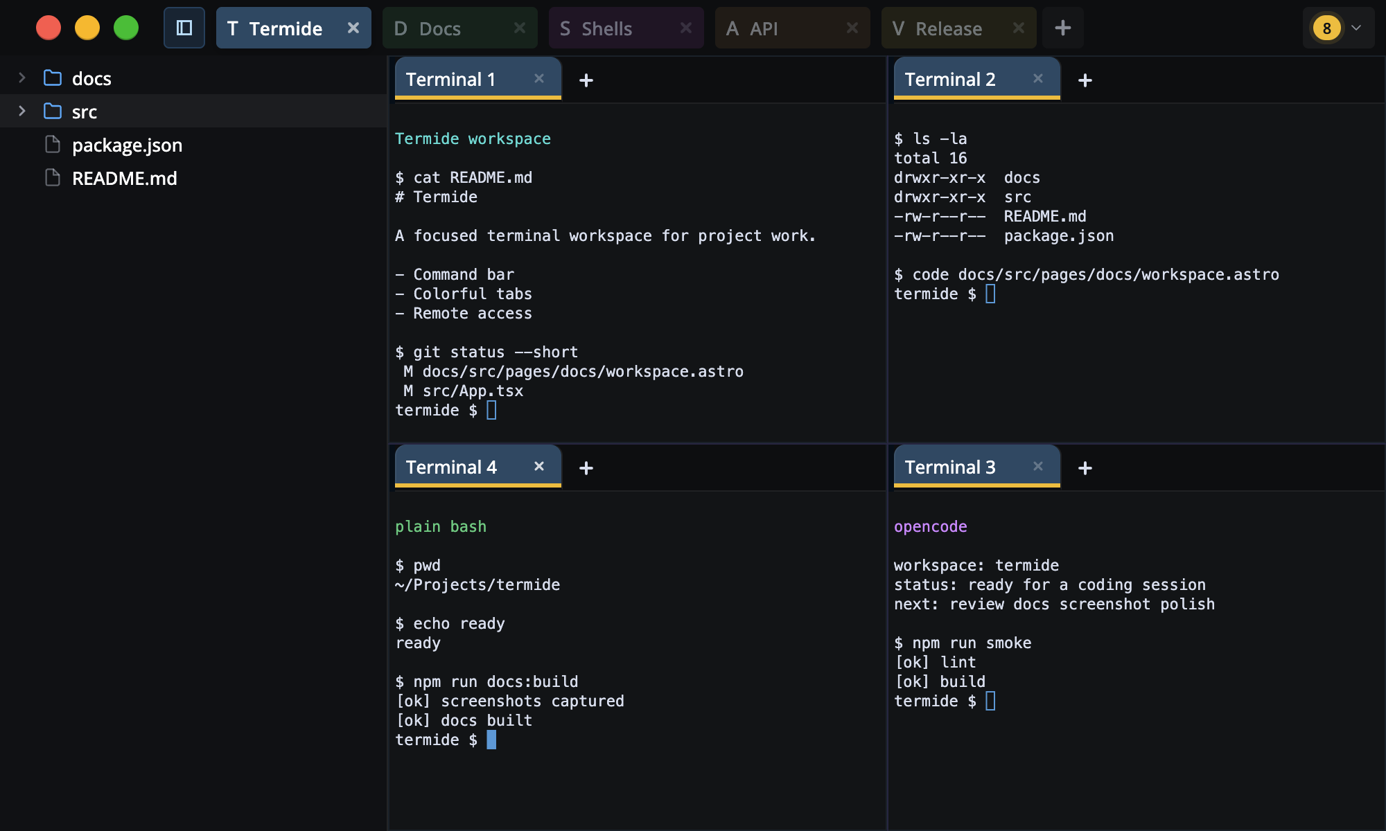 Terminay workspace showing project tabs, file explorer, and split terminal panes