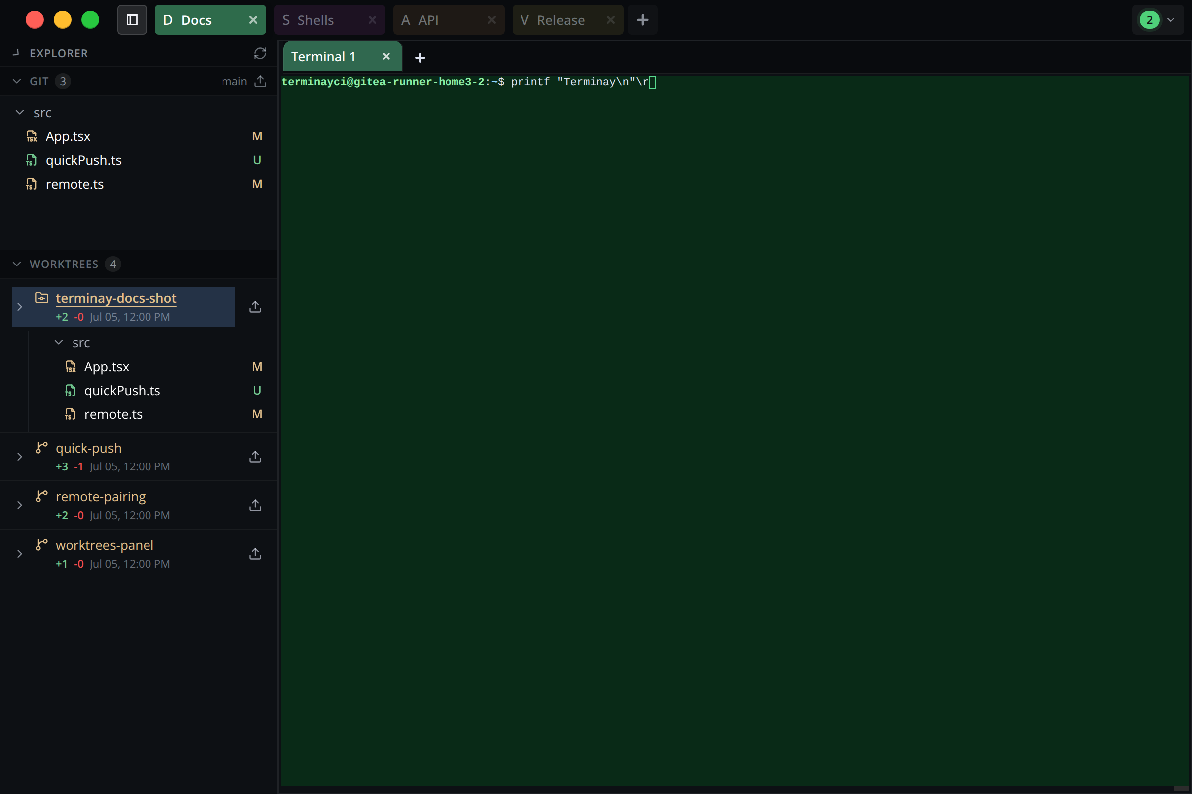 Terminay Git panel listing each git worktree with its branch and changes